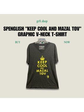 SPENGLISH "Keep Cool And Mazal Tov" Graphic V-Neck T-Shirt Charcoal Gray Size La